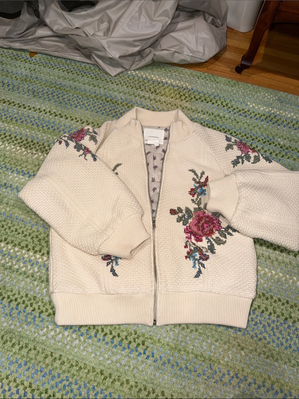 Anthropologie Cream Floral Appliqué Bomber Jacket